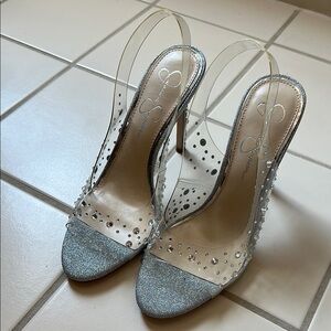 Jessica Simpson Silver Slingback Heels with Crystal Accents